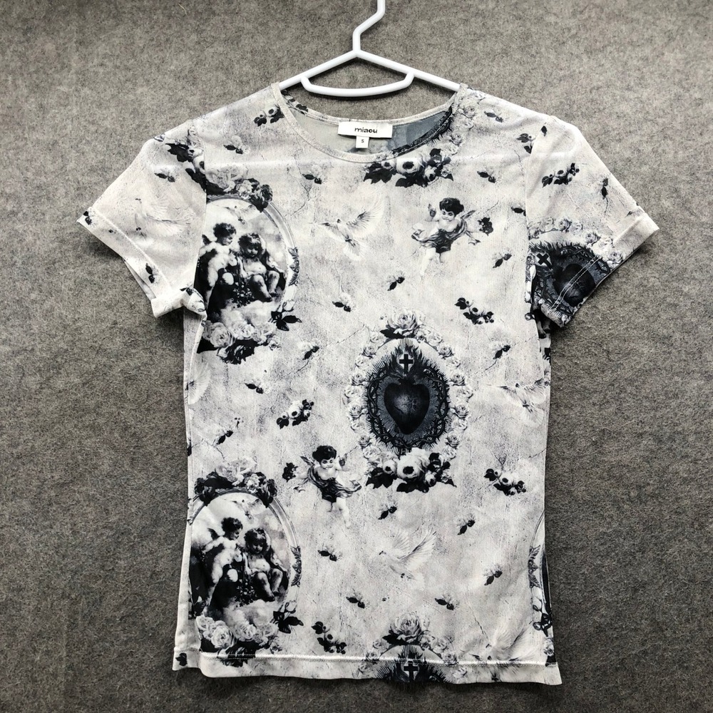 Miaou Cherub Mesh Baby Tee Gothic Angel Sacred Heart Y2K Size S White Blue